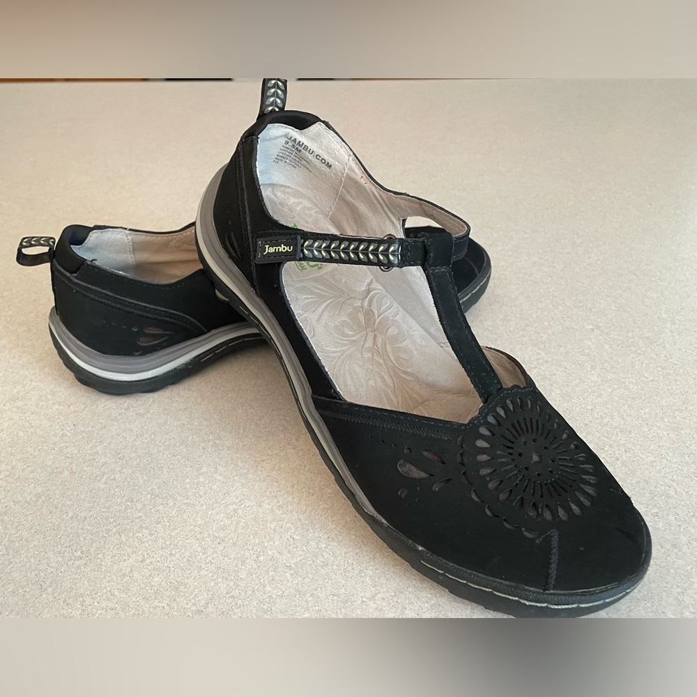 Ladies Jambu Black Suede Mary Jane Memory Foam Sandals  Sz 9.5M